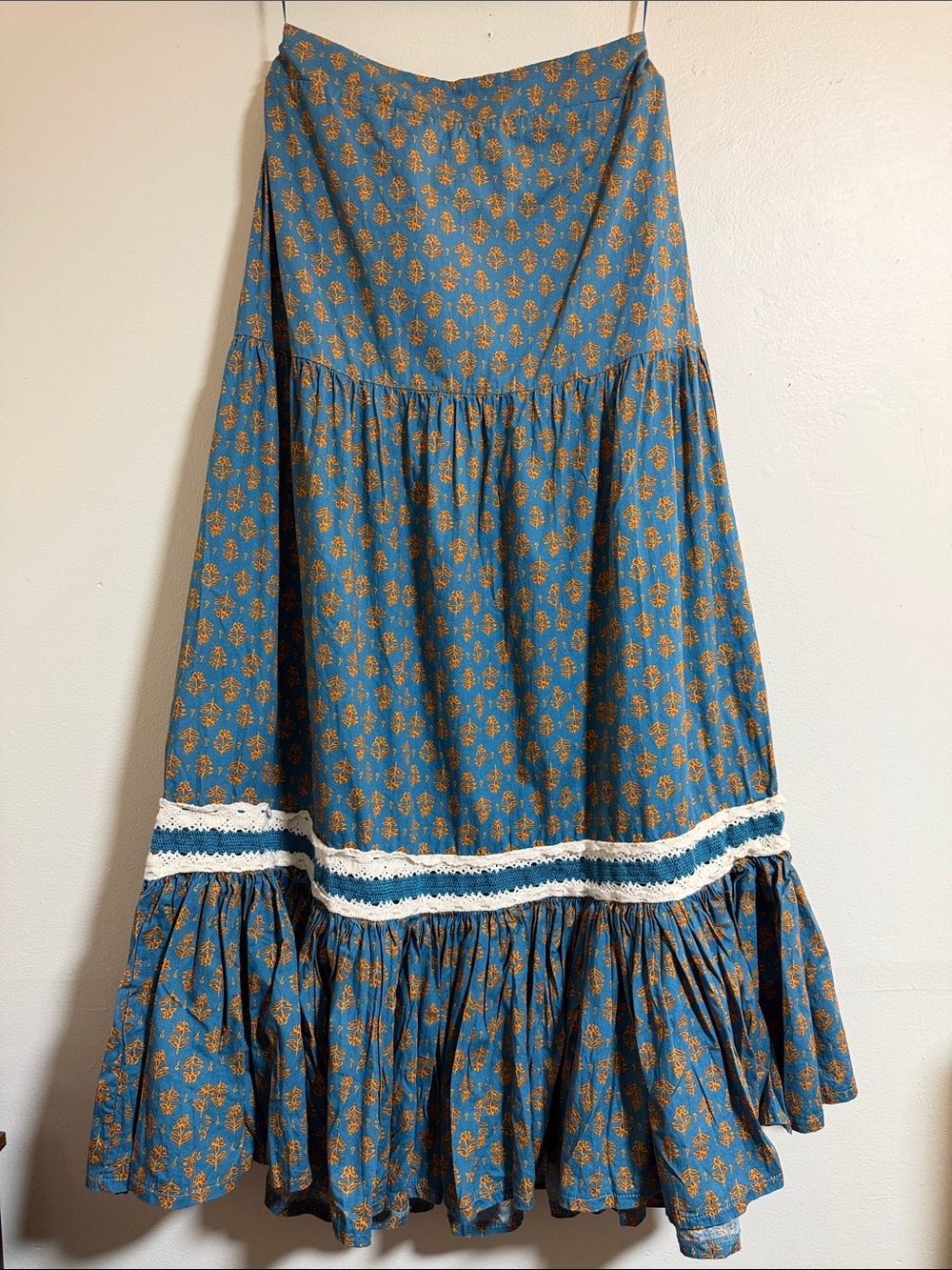 Boho Tiered Maxi Skirt in Teal with Gold Print
